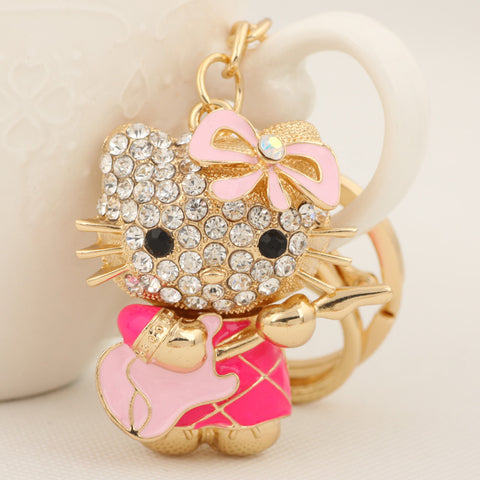 Cute Rhinestone Violin Cat Keychain Keyring Fashion Enamel Animal Metal Key Chain for Women Bag Purse Charms Pendant Accessories