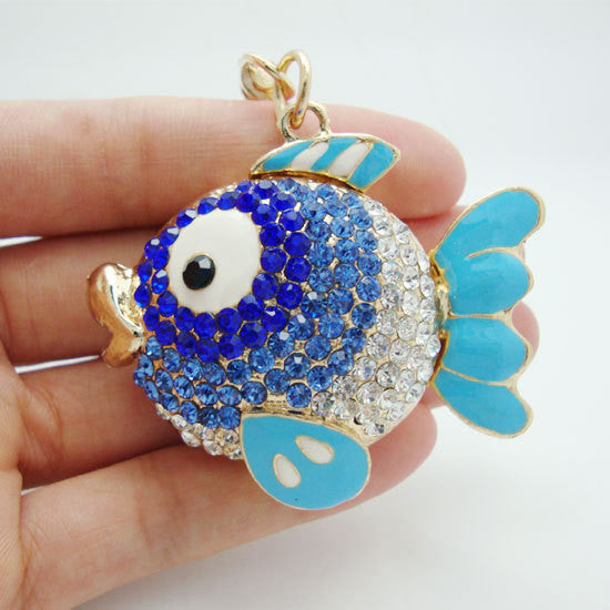 Fashion Charm Blue Tatu  Fish Key Ring Blue Crystal Rhinestones Men Decorated Purse Keychain