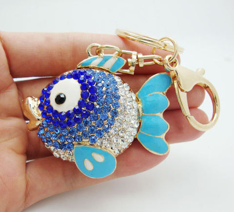 Fashion Charm Blue Tatu  Fish Key Ring Blue Crystal Rhinestones Men Decorated Purse Keychain