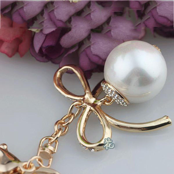 Fashion Imitation-pearls Zircon Bow Keychain Key Chain Sleutelhanger Keychains Gold Plated Key Chains Laduree Purse Charms KC92