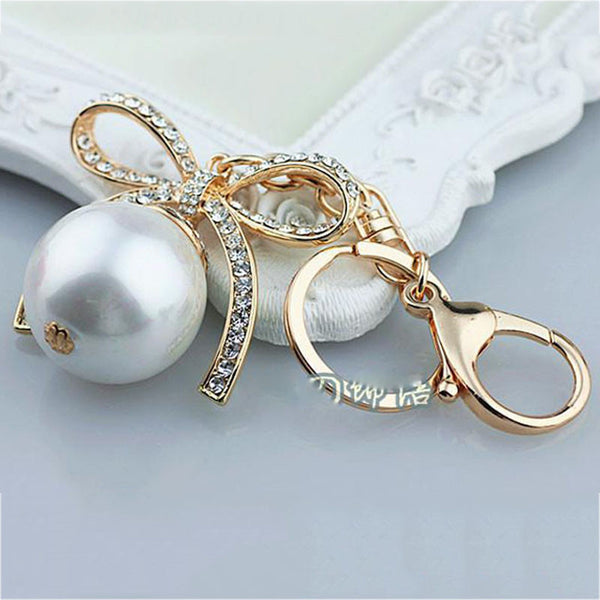 Fashion Imitation-pearls Zircon Bow Keychain Key Chain Sleutelhanger Keychains Gold Plated Key Chains Laduree Purse Charms KC92