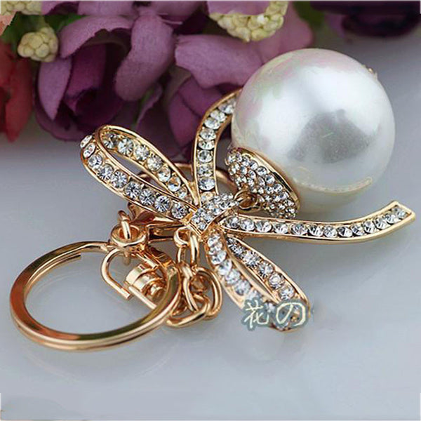 Fashion Imitation-pearls Zircon Bow Keychain Key Chain Sleutelhanger Keychains Gold Plated Key Chains Laduree Purse Charms KC92