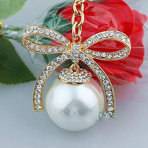 Fashion Imitation-pearls Zircon Bow Keychain Key Chain Sleutelhanger Keychains Gold Plated Key Chains Laduree Purse Charms KC92