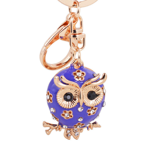 Fashion Metal Keychain Cute 3 color  Lovely Owl Keychain Full Rhinestone Charm Purse Handbag Car Key Keyring With Gift Box