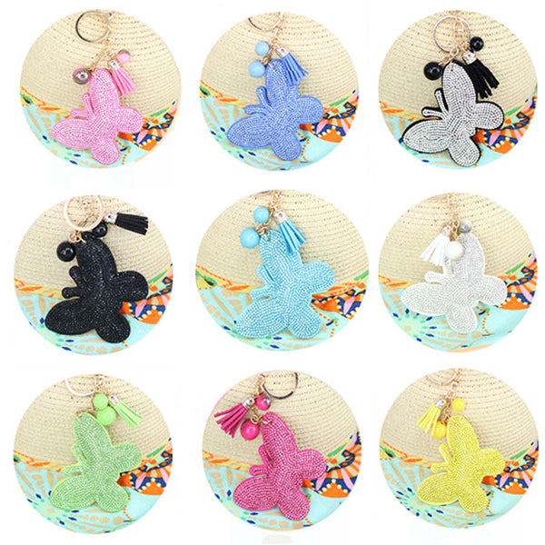 Fashion Rhinestone cute butterfly shape 4 color leather key chain Charm Pendant Crystal Purse Bag women Key Chain key rings Gift