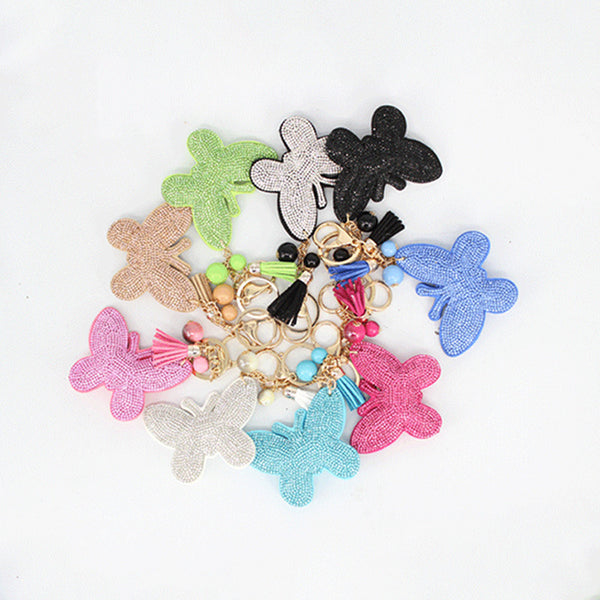 Fashion Rhinestone cute butterfly shape 4 color leather key chain Charm Pendant Crystal Purse Bag women Key Chain key rings Gift
