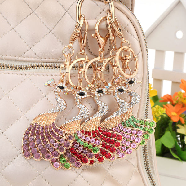Fashion Shining Peafowl Peacock Pendant Key Ring Crystal Rhinestone Key Chain Women Jewelry for Car Purse Handbag Charm Gift