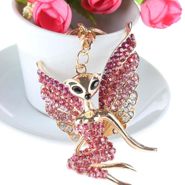 Fox Angel Wing Girl Crystal Rhinestone Charm Pendant Purse Bag Car Key Ring Chain New Birthday Wedding Party Gift