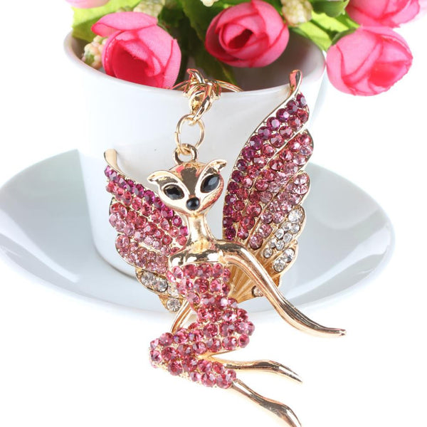 Fox Angel Wing Girl Crystal Rhinestone Charm Pendant Purse Bag Car Key Ring Chain New Birthday Wedding Party Gift