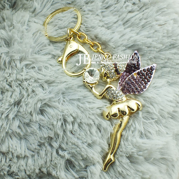 Free Shipping Full Rhinestone, Crystal Cute Angel Keychain Alloy Keyring Bag/Purse Charm Gold Plated Jewelry