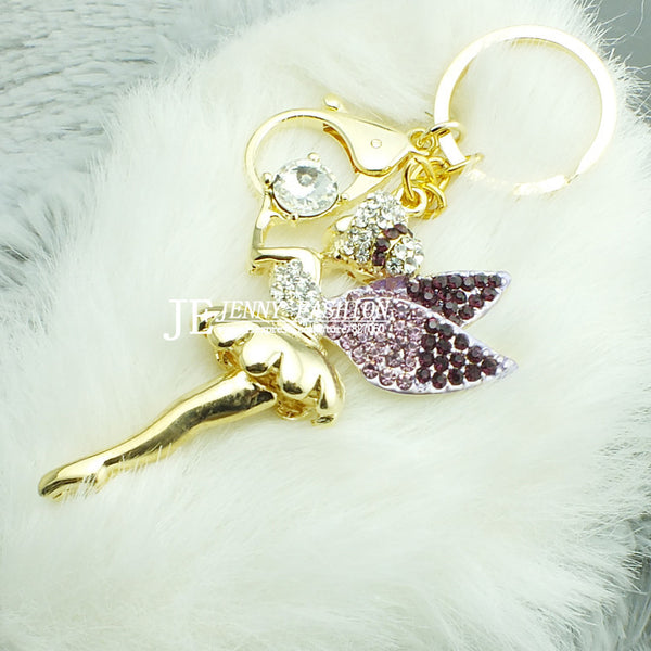 Free Shipping Full Rhinestone, Crystal Cute Angel Keychain Alloy Keyring Bag/Purse Charm Gold Plated Jewelry