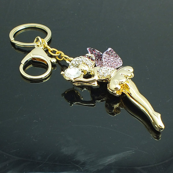 Free Shipping Full Rhinestone, Crystal Cute Angel Keychain Alloy Keyring Bag/Purse Charm Gold Plated Jewelry