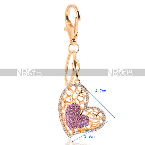 Free Shipping Full Rhinestone Love Heart Keychain Jewelry Fashion Crystal Keyring Gift Accessory Purse Charm Handbag Pendant