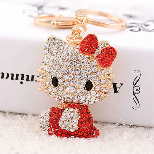 Free Shipping New Arrival Hello Kitty Pendant Creative Rhinestone Keyrings Gold Plated Keychains Women Purse Bag Charm Jewelry