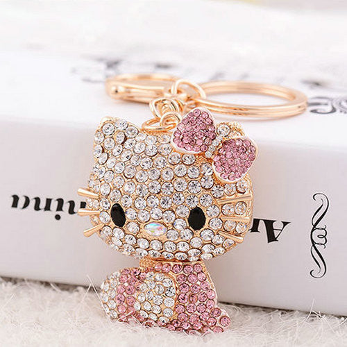 Free Shipping New Arrival Hello Kitty Pendant Creative Rhinestone Keyrings Gold Plated Keychains Women Purse Bag Charm Jewelry