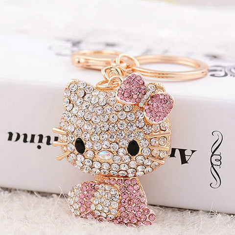 Free Shipping New Arrival Hello Kitty Pendant Creative Rhinestone Keyrings Gold Plated Keychains Women Purse Bag Charm Jewelry