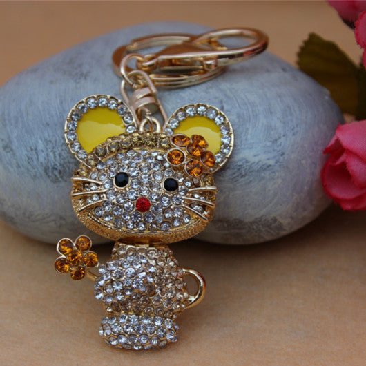 Full Rhinestone Cute Cat  Keychain Key ring Charm Pendant Crystal Purse Bag Key chain Gift Free Shipping
