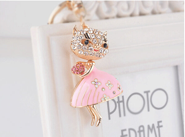 Full Rhinestone Cute Cat With Dress Keychain Key ring Charm Pendant Crystal Purse Bag Key chain Gift