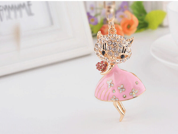 Full Rhinestone Cute Cat With Dress Keychain Key ring Charm Pendant Crystal Purse Bag Key chain Gift