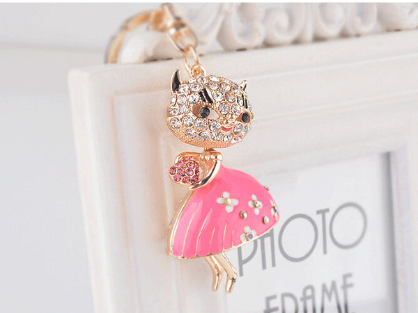 Full Rhinestone Cute Cat With Dress Keychain Key ring Charm Pendant Crystal Purse Bag Key chain Gift