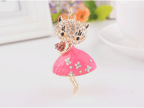 Full Rhinestone Cute Cat With Dress Keychain Key ring Charm Pendant Crystal Purse Bag Key chain Gift