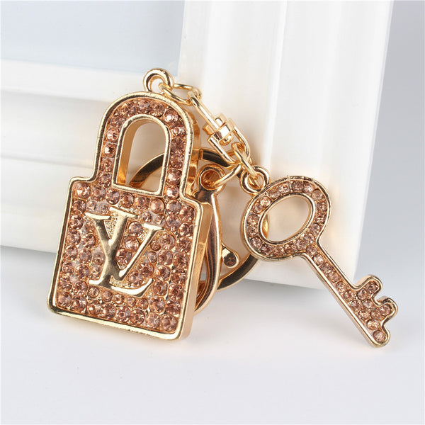 Gold Lock Key Pendant Charm Rhinestone Crystal Purse Bag Keyring Key Chain Accessories Wedding Party Lover Friend Gift