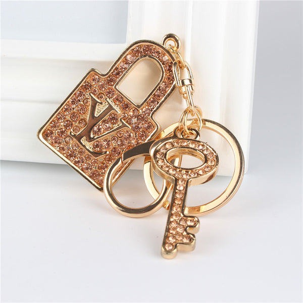 Gold Lock Key Pendant Charm Rhinestone Crystal Purse Bag Keyring Key Chain Accessories Wedding Party Lover Friend Gift