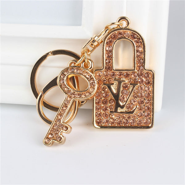 Gold Lock Key Pendant Charm Rhinestone Crystal Purse Bag Keyring Key Chain Accessories Wedding Party Lover Friend Gift