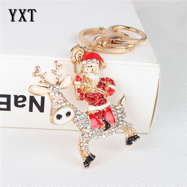 Happy Santa Claus Ride Sheep Crystal Rhinestone Charm Pendant Purse Bag Car Key Ring Chain Creative Wedding Party Gift