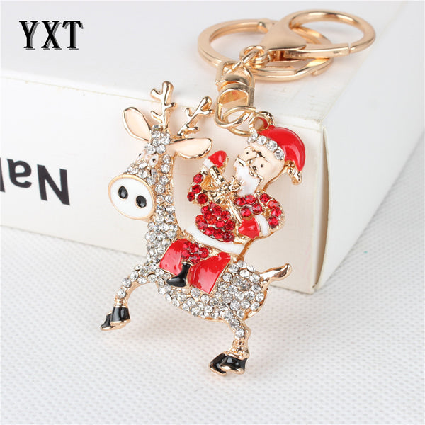 Happy Santa Claus Ride Sheep Crystal Rhinestone Charm Pendant Purse Bag Car Key Ring Chain Creative Wedding Party Gift