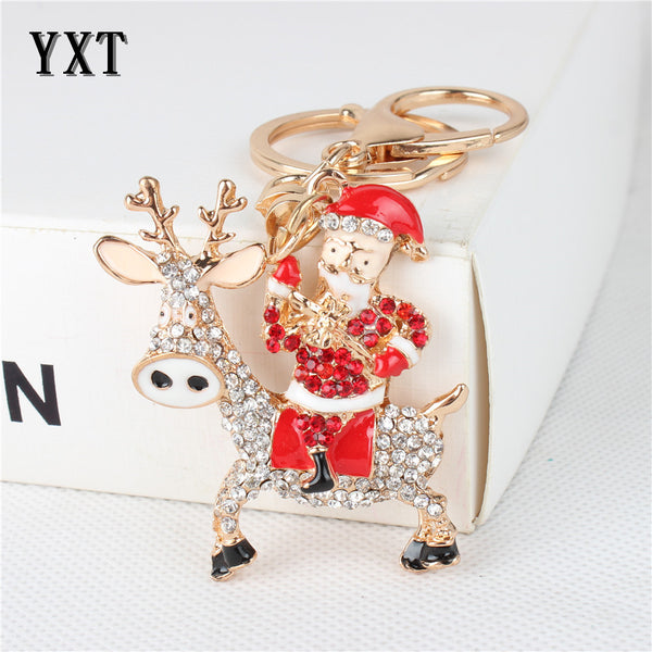 Happy Santa Claus Ride Sheep Crystal Rhinestone Charm Pendant Purse Bag Car Key Ring Chain Creative Wedding Party Gift