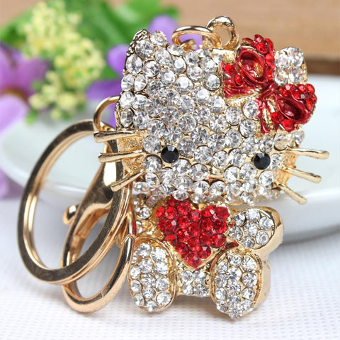 Heart Red Hello Kitty Cat Butterfly Cute Crystal Charm Purse Handbag Car Key Keyring Ring Keychain Party Birthday Gift