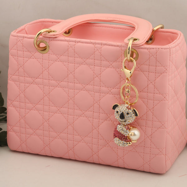 Holding Pearl Roseo Rhinestone Bear Keychain Fashion Crystal Animal Metal Key Chain Ring for Women Gift Bag Purse Charm Pendant