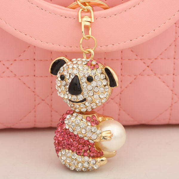 Holding Pearl Roseo Rhinestone Bear Keychain Fashion Crystal Animal Metal Key Chain Ring for Women Gift Bag Purse Charm Pendant