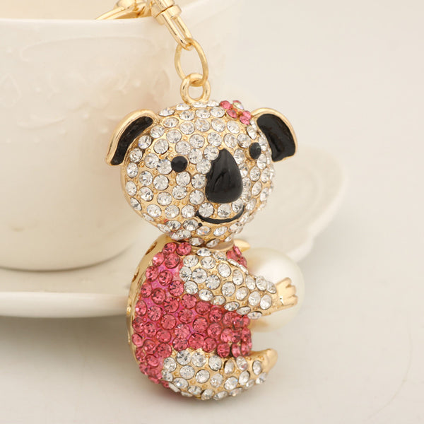 Holding Pearl Roseo Rhinestone Bear Keychain Fashion Crystal Animal Metal Key Chain Ring for Women Gift Bag Purse Charm Pendant