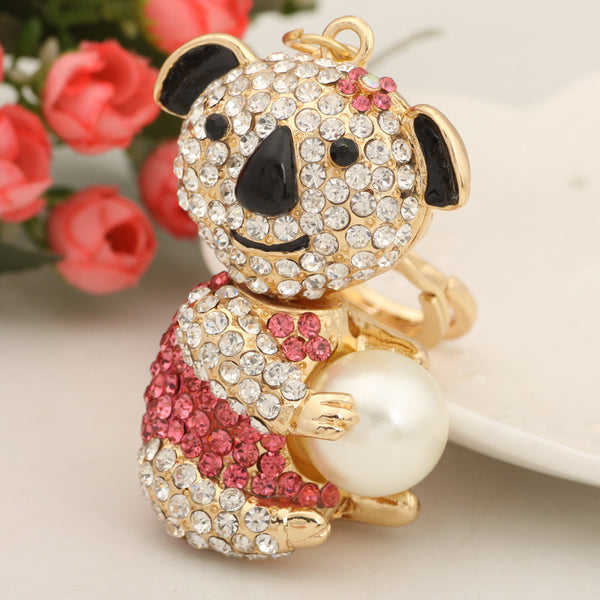 Holding Pearl Roseo Rhinestone Bear Keychain Fashion Crystal Animal Metal Key Chain Ring for Women Gift Bag Purse Charm Pendant