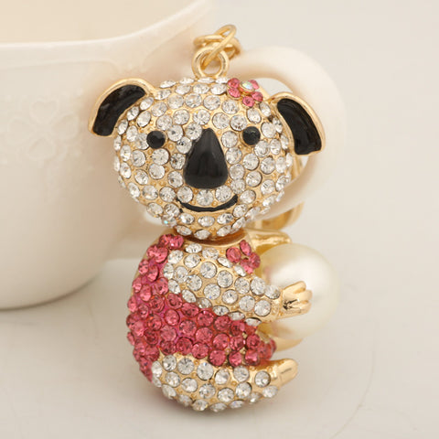 Holding Pearl Roseo Rhinestone Bear Keychain Fashion Crystal Animal Metal Key Chain Ring for Women Gift Bag Purse Charm Pendant