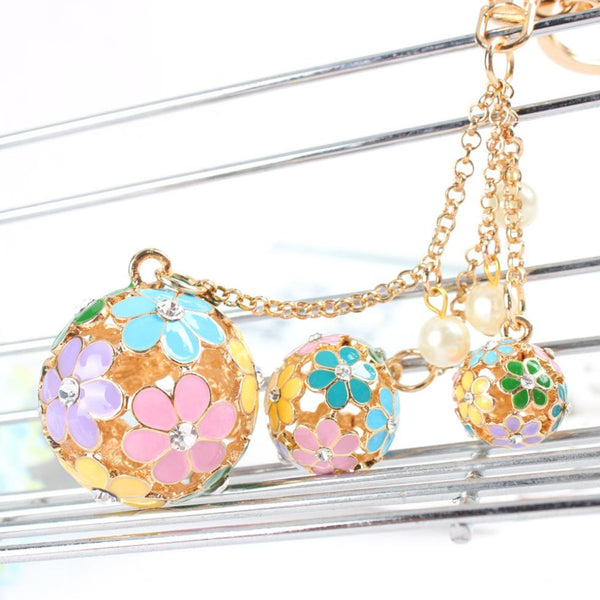 Hollow Ball Pearl Multi-colors Flowers Crystal Rhinestone Charm Pendant Purse Bag Car Key Ring Chain Creative Wedding Party Gift
