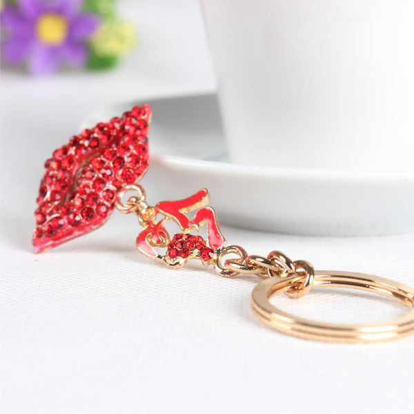 Hot Red Flower Lip Kiss New Cute Crystal Charm Purse Handbag Car Key Keyring Keychain Party Wedding Birthday Gift