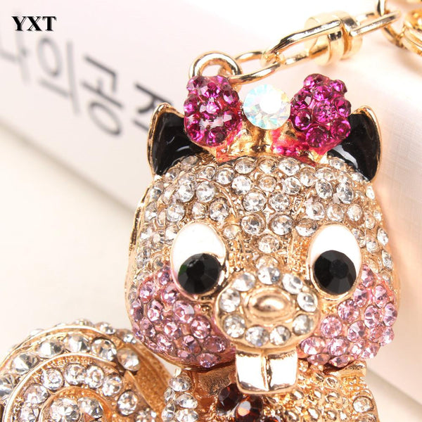 Litter Squirrel Pine Seed Lovely Fashion Rhinestone Crystal Pendant Charm Purse Car Bag Keyring Key Chain Birthday Party Gift