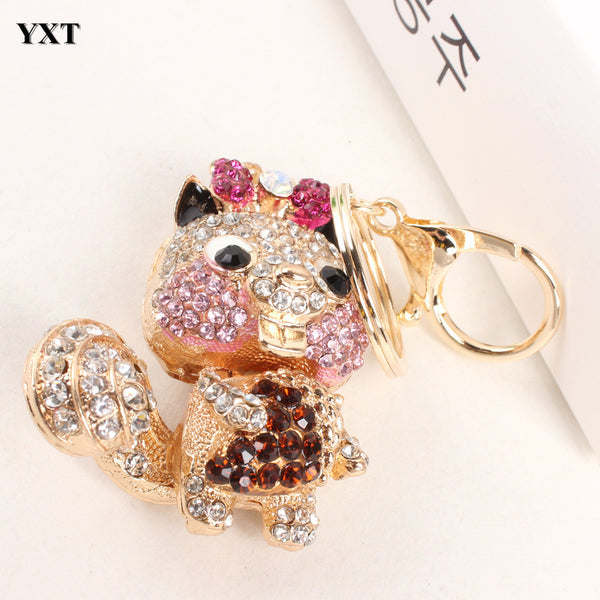 Litter Squirrel Pine Seed Lovely Fashion Rhinestone Crystal Pendant Charm Purse Car Bag Keyring Key Chain Birthday Party Gift