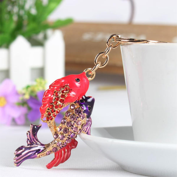 Lovely Double Carp Fish Cute Crystal Charm Purse Handbag Car Key Keyring Keychain Party Wedding Birthday Gift