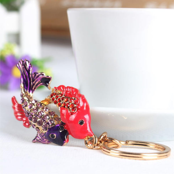 Lovely Double Carp Fish Cute Crystal Charm Purse Handbag Car Key Keyring Keychain Party Wedding Birthday Gift