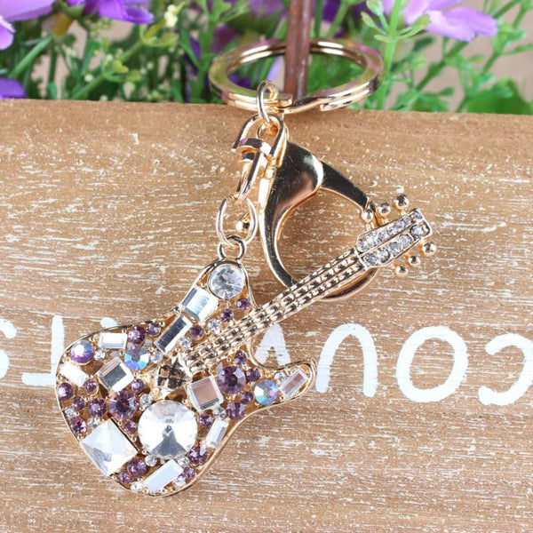 Lovely Guitar Fashion Crystal Rhinestone Charm Pendant Purse Bag Car Key Ring Chain Creative Wedding Party Christmas Gift