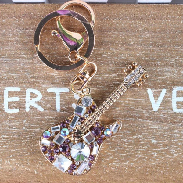 Lovely Guitar Fashion Crystal Rhinestone Charm Pendant Purse Bag Car Key Ring Chain Creative Wedding Party Christmas Gift