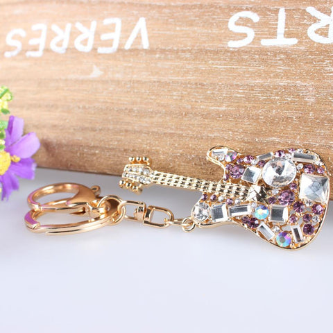 Lovely Guitar Fashion Crystal Rhinestone Charm Pendant Purse Bag Car Key Ring Chain Creative Wedding Party Christmas Gift