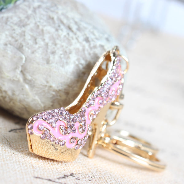 Lovely High-heeled Pink Shoe Car Keyring Crystal Rhinestone Charm Pendant Purse Bag Key Chain Wedding Party Gift