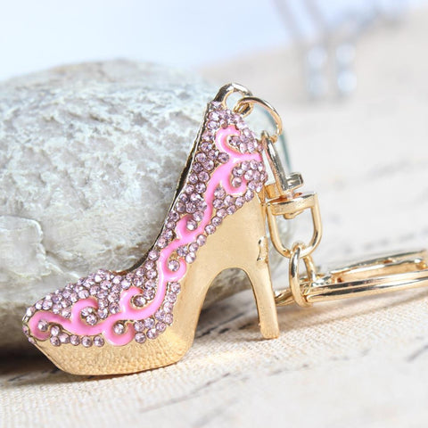 Lovely High-heeled Pink Shoe Car Keyring Crystal Rhinestone Charm Pendant Purse Bag Key Chain Wedding Party Gift