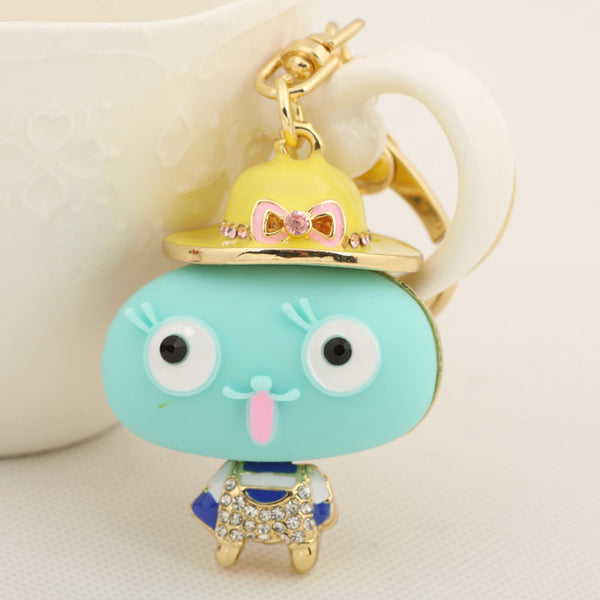 Lovely Small Stone Child Bow Hat Keychain Fashion Crystal Figure Metal Key Chain Holder for Women Gift Bag Purse Charm Pendant