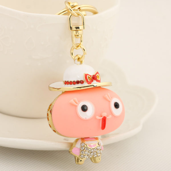 Lovely Small Stone Child Bow Hat Keychain Fashion Crystal Figure Metal Key Chain Holder for Women Gift Bag Purse Charm Pendant